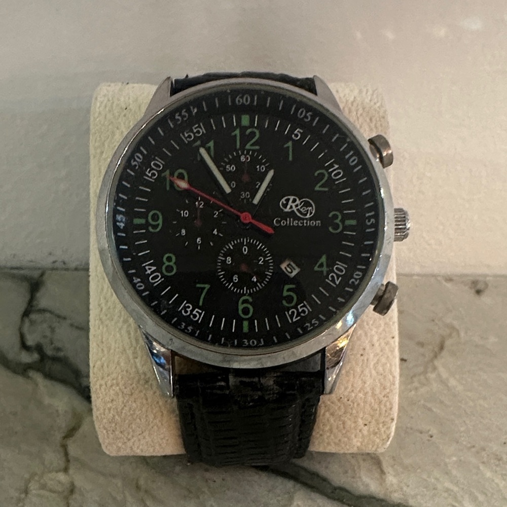 Black and Silver ReR Collection Watch with Leather Strap